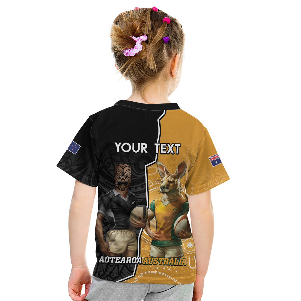 Personalised New Zealand And Australia Rugby Kid T Shirt 2024 All Black Wallabies Mascots Together LT14 - Polynesian Pride