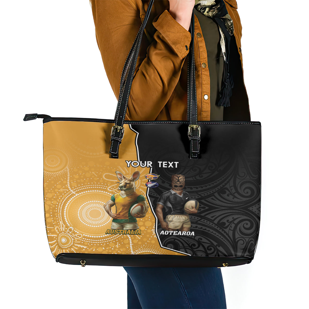 Personalised New Zealand And Australia Rugby Leather Tote Bag 2024 All Black Wallabies Mascots Together LT14 - Polynesian Pride