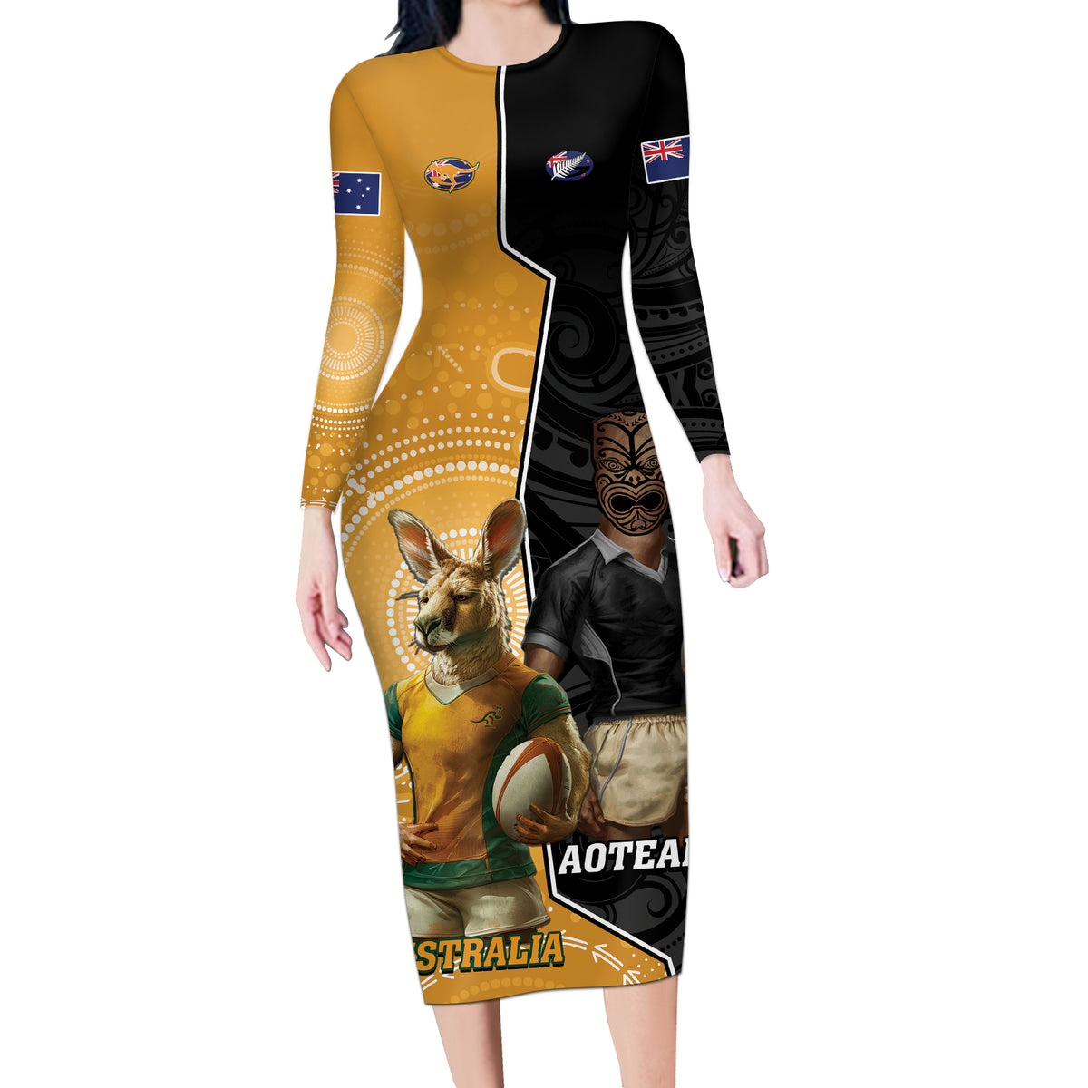 Personalised New Zealand And Australia Rugby Long Sleeve Bodycon Dress 2024 All Black Wallabies Mascots Together LT14 Long Dress Black - Polynesian Pride