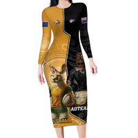 Personalised New Zealand And Australia Rugby Long Sleeve Bodycon Dress 2024 All Black Wallabies Mascots Together LT14 Long Dress Black - Polynesian Pride