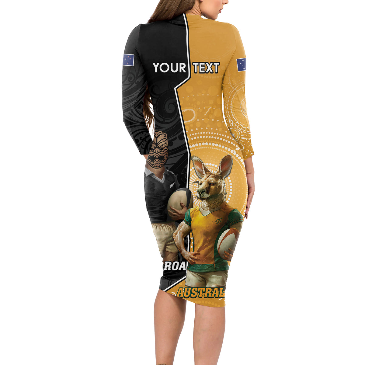 Personalised New Zealand And Australia Rugby Long Sleeve Bodycon Dress 2024 All Black Wallabies Mascots Together LT14 - Polynesian Pride