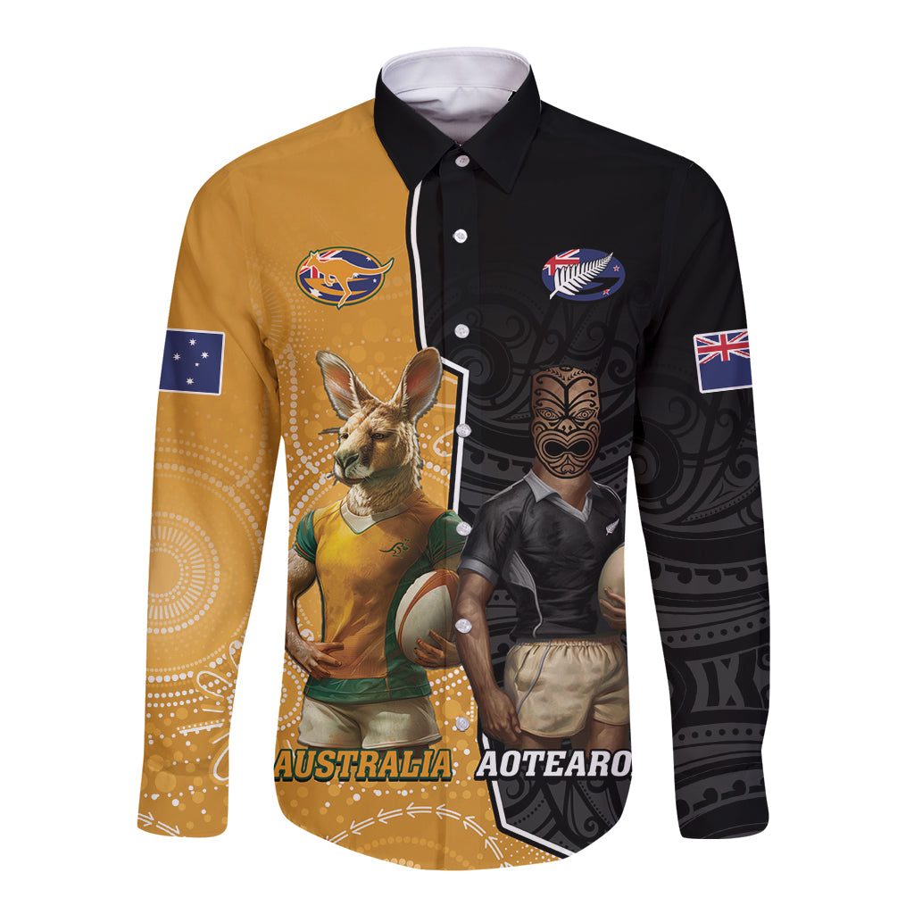 Personalised New Zealand And Australia Rugby Long Sleeve Button Shirt 2024 All Black Wallabies Mascots Together LT14 Unisex Black - Polynesian Pride