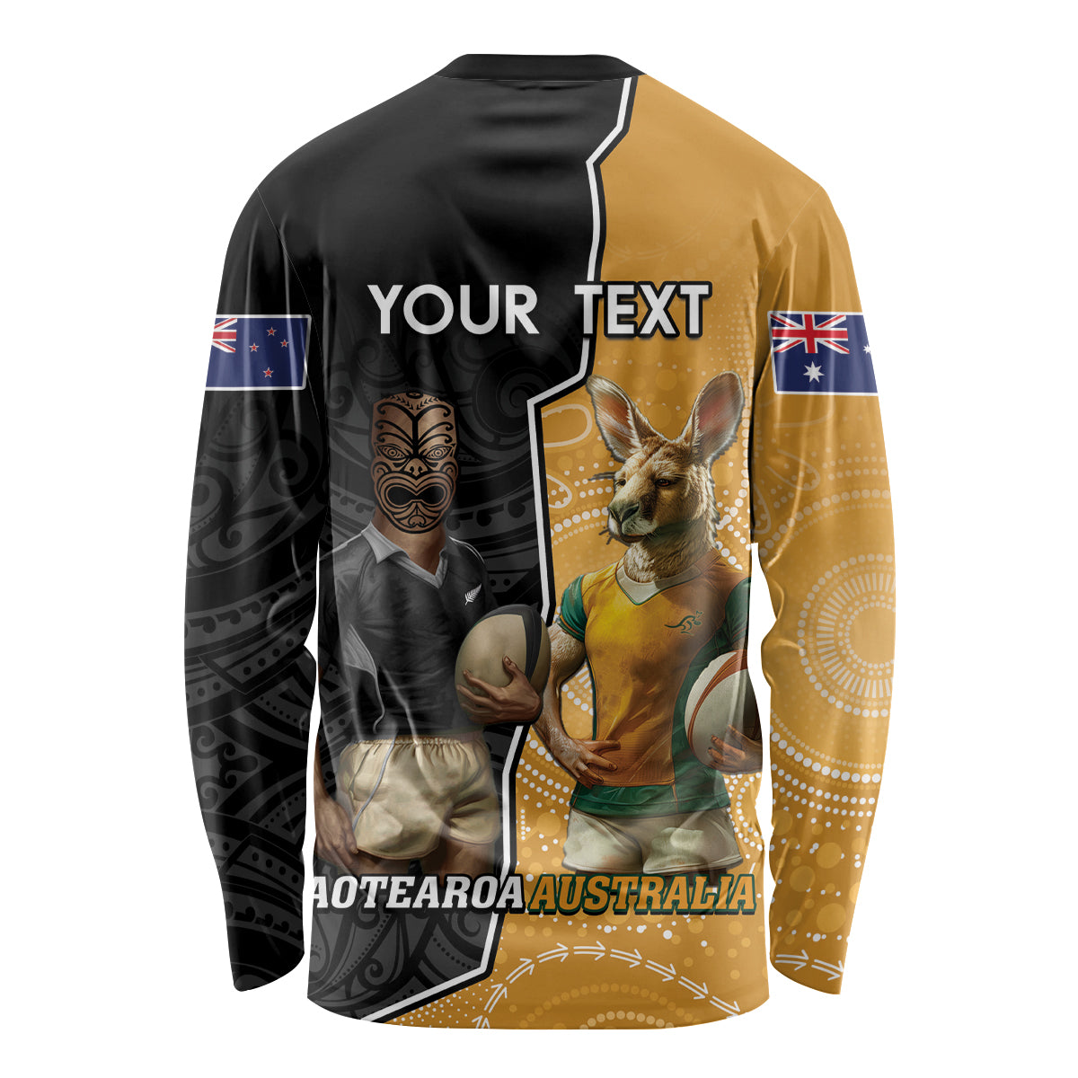 Personalised New Zealand And Australia Rugby Long Sleeve Shirt 2024 All Black Wallabies Mascots Together LT14 - Polynesian Pride