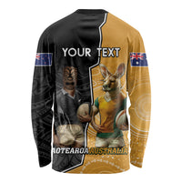 Personalised New Zealand And Australia Rugby Long Sleeve Shirt 2024 All Black Wallabies Mascots Together LT14 - Polynesian Pride