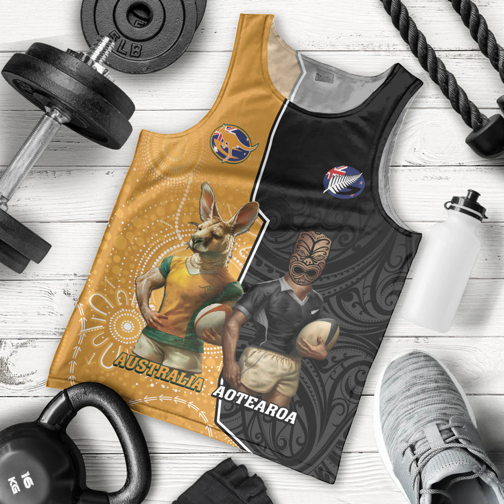 Personalised New Zealand And Australia Rugby Men Tank Top 2024 All Black Wallabies Mascots Together LT14 - Polynesian Pride