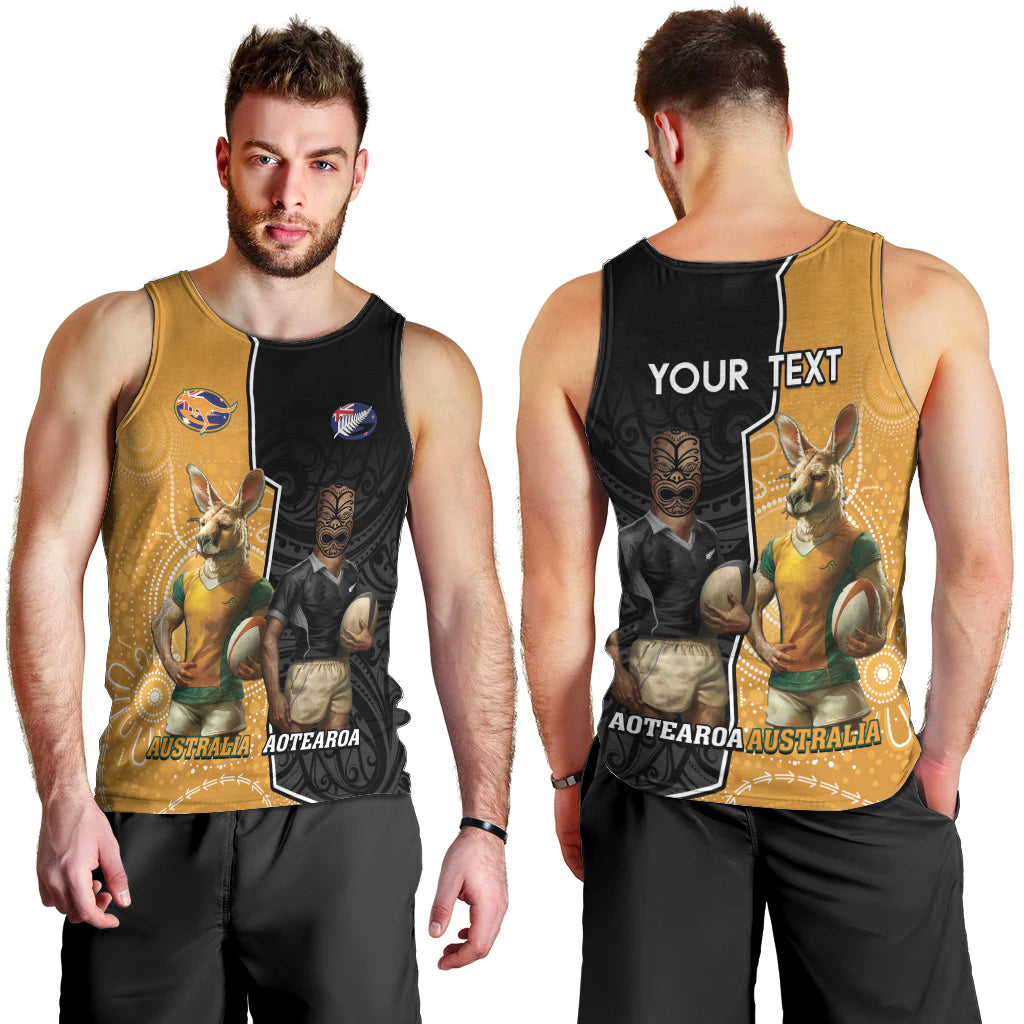 Personalised New Zealand And Australia Rugby Men Tank Top 2024 All Black Wallabies Mascots Together LT14 - Polynesian Pride
