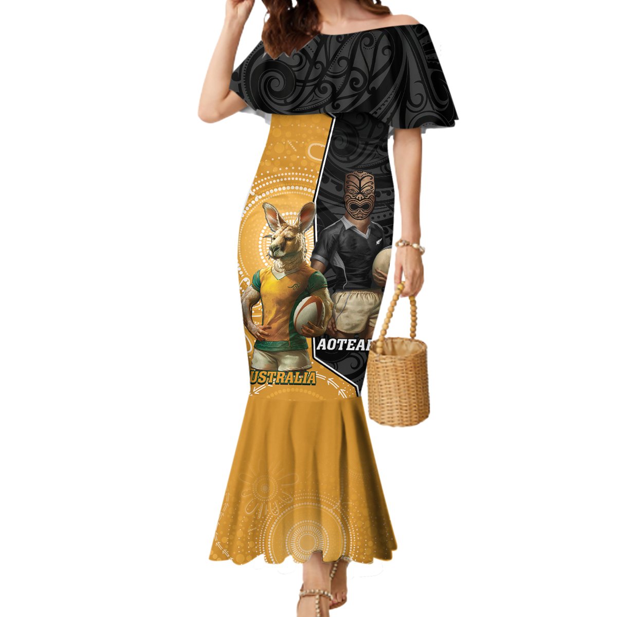 Personalised New Zealand And Australia Rugby Mermaid Dress 2024 All Black Wallabies Mascots Together LT14 Women Black - Polynesian Pride