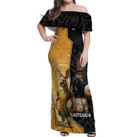 Personalised New Zealand And Australia Rugby Off Shoulder Maxi Dress 2024 All Black Wallabies Mascots Together LT14 Women Black - Polynesian Pride