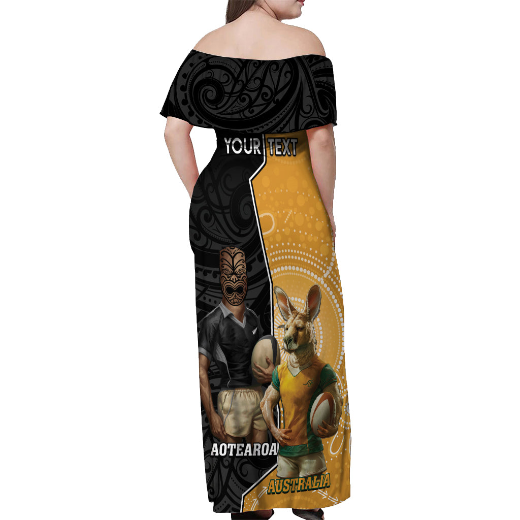 Personalised New Zealand And Australia Rugby Off Shoulder Maxi Dress 2024 All Black Wallabies Mascots Together LT14 - Polynesian Pride