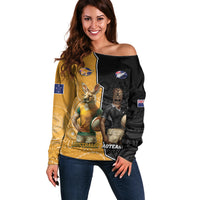 Personalised New Zealand And Australia Rugby Off Shoulder Sweater 2024 All Black Wallabies Mascots Together LT14 Women Black - Polynesian Pride
