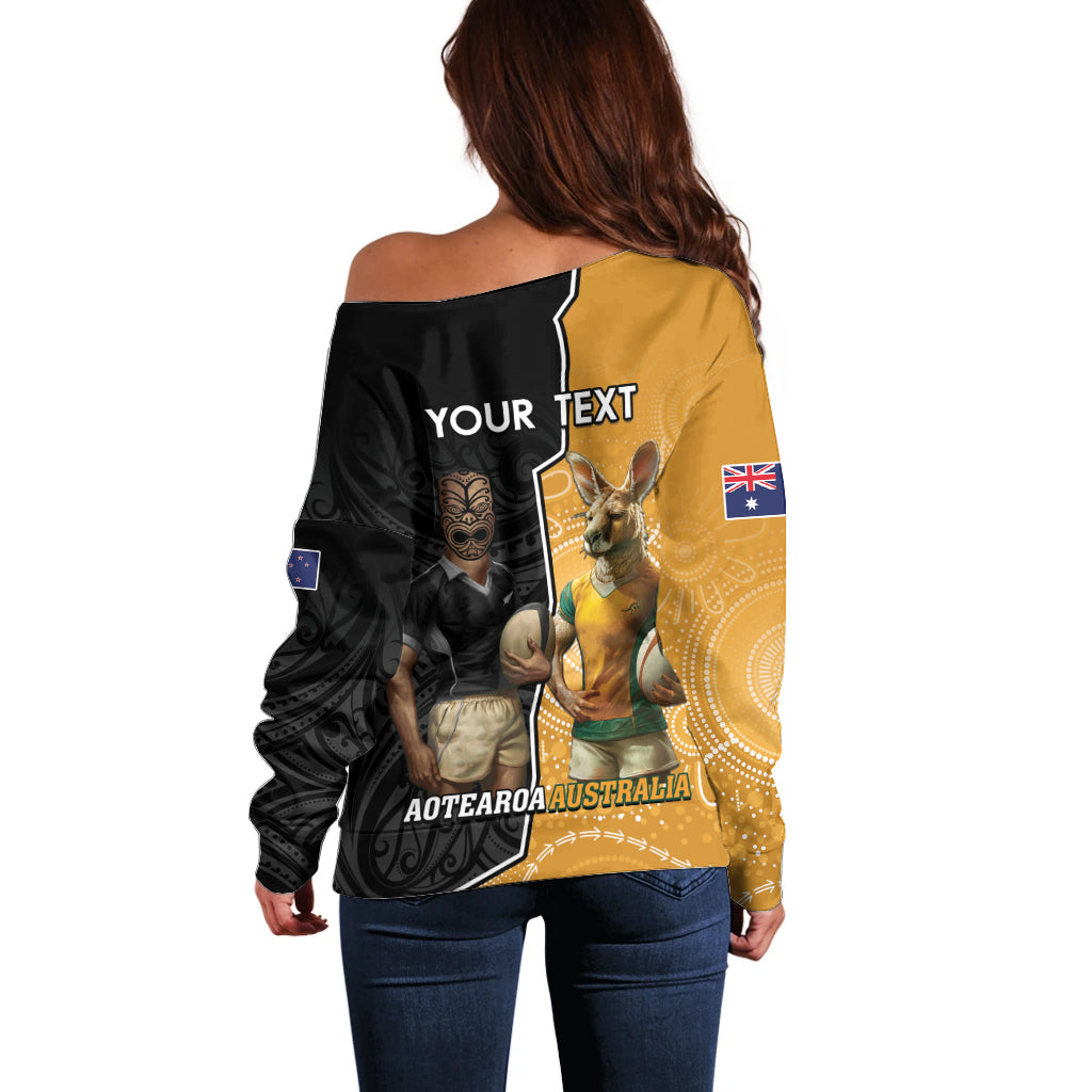 Personalised New Zealand And Australia Rugby Off Shoulder Sweater 2024 All Black Wallabies Mascots Together LT14 - Polynesian Pride