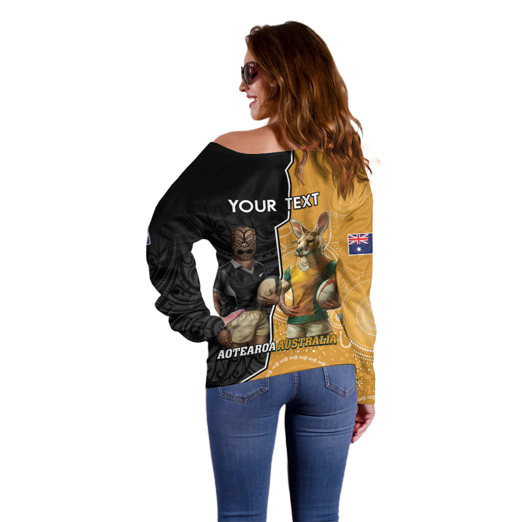 Personalised New Zealand And Australia Rugby Off Shoulder Sweater 2024 All Black Wallabies Mascots Together LT14 - Polynesian Pride