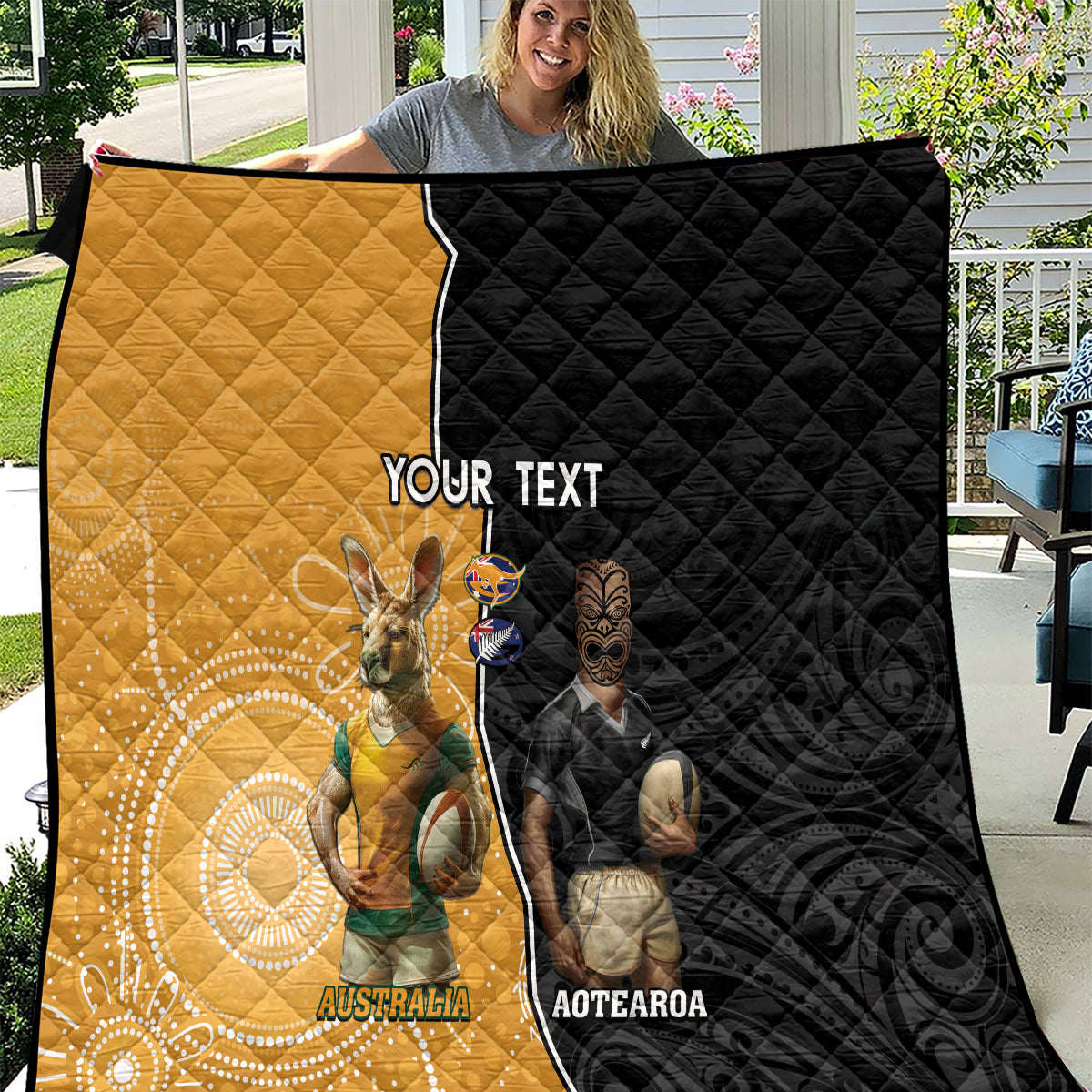Personalised New Zealand And Australia Rugby Quilt 2024 All Black Wallabies Mascots Together LT14 Black - Polynesian Pride