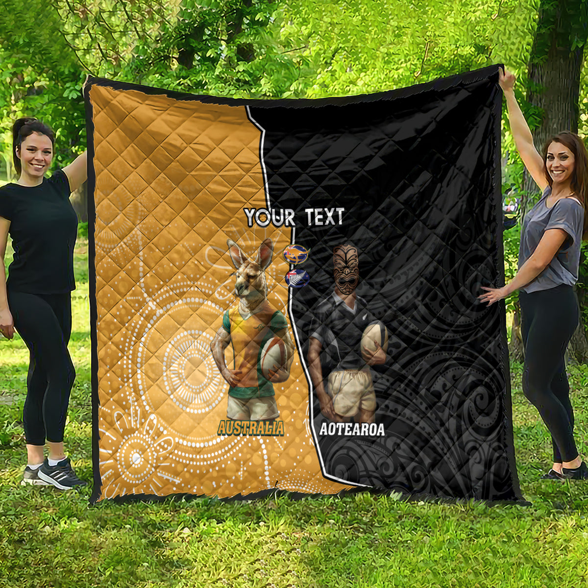 Personalised New Zealand And Australia Rugby Quilt 2024 All Black Wallabies Mascots Together LT14 - Polynesian Pride