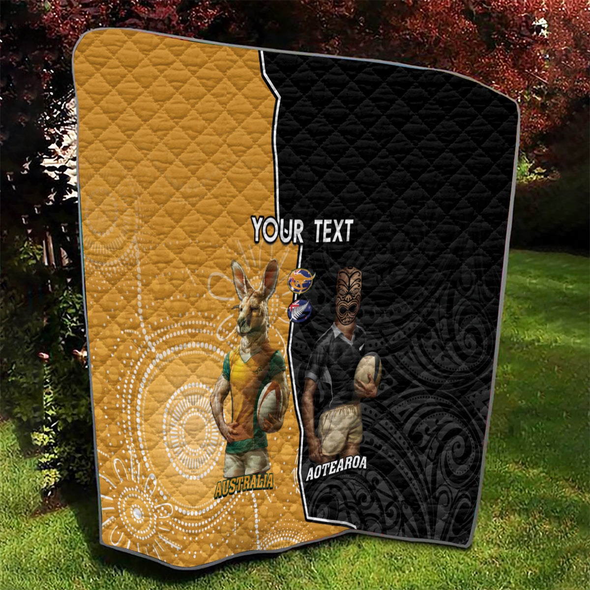 Personalised New Zealand And Australia Rugby Quilt 2024 All Black Wallabies Mascots Together LT14 - Polynesian Pride