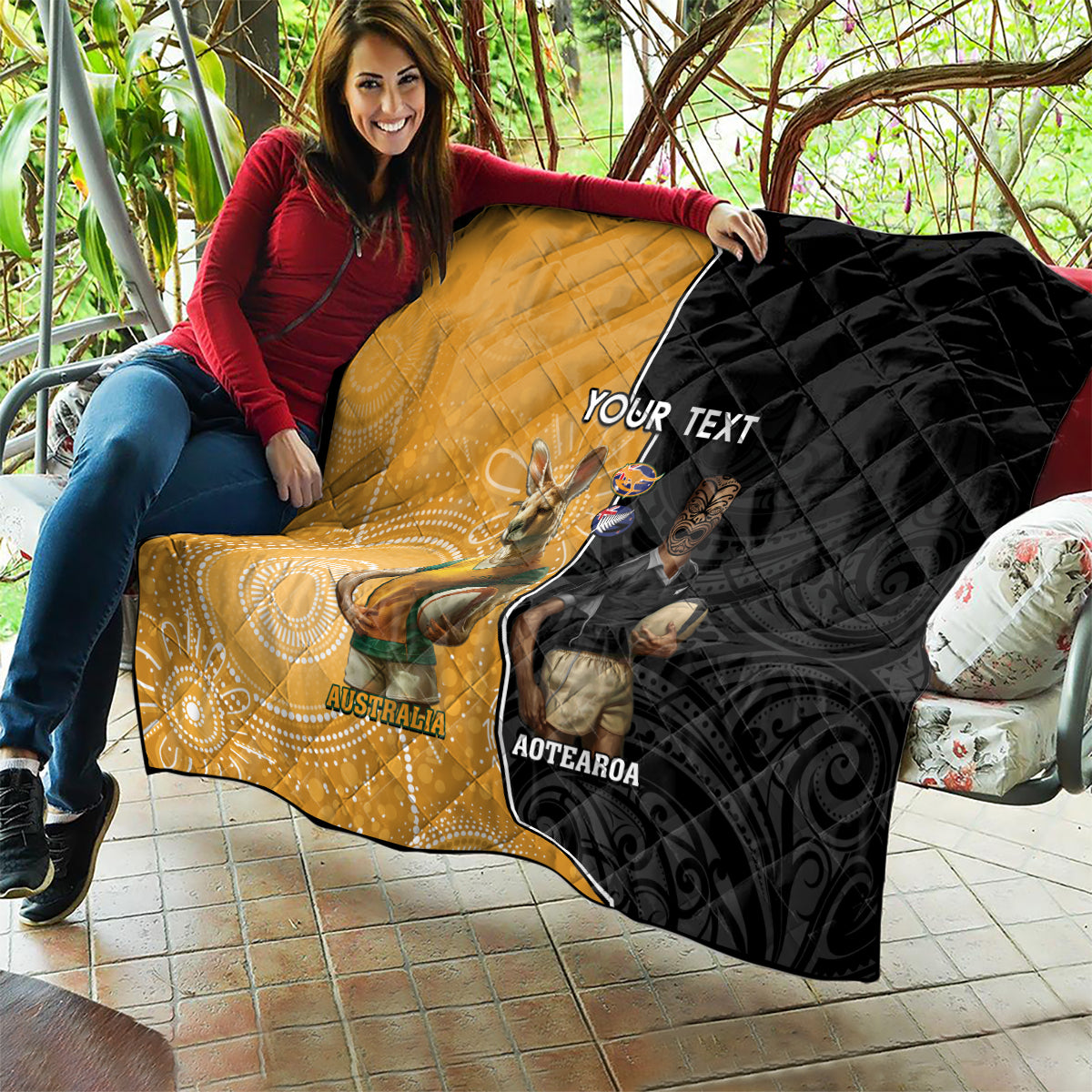 Personalised New Zealand And Australia Rugby Quilt 2024 All Black Wallabies Mascots Together LT14 - Polynesian Pride