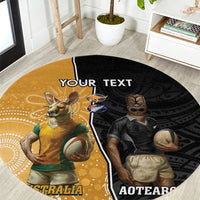 Personalised New Zealand And Australia Rugby Round Carpet 2024 All Black Wallabies Mascots Together LT14 Black - Polynesian Pride