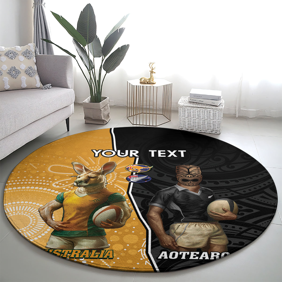 Personalised New Zealand And Australia Rugby Round Carpet 2024 All Black Wallabies Mascots Together LT14 - Polynesian Pride