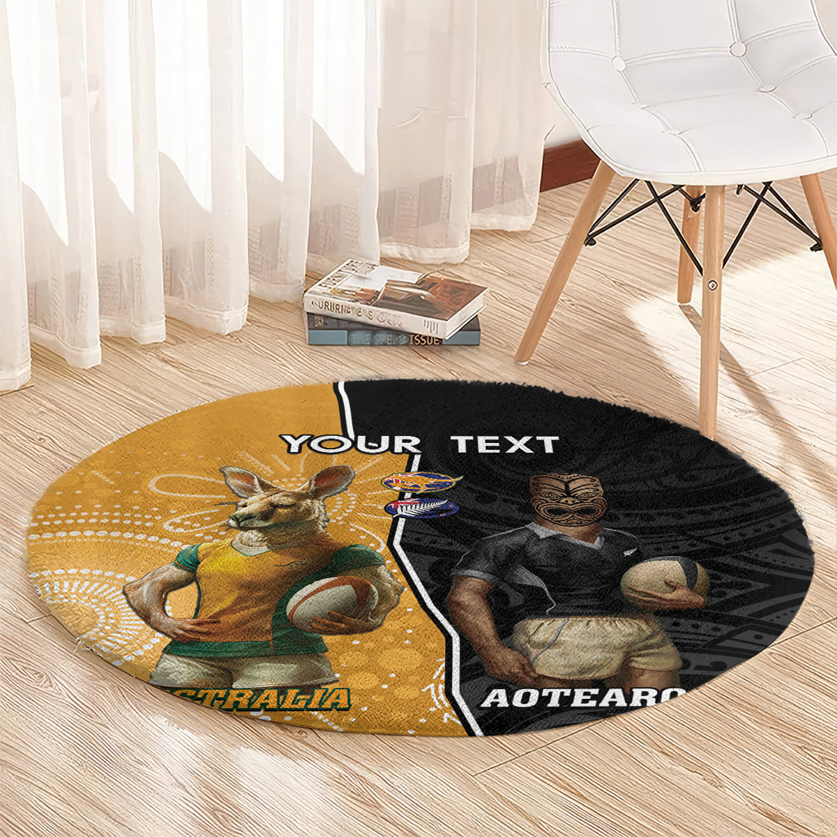 Personalised New Zealand And Australia Rugby Round Carpet 2024 All Black Wallabies Mascots Together LT14 - Polynesian Pride