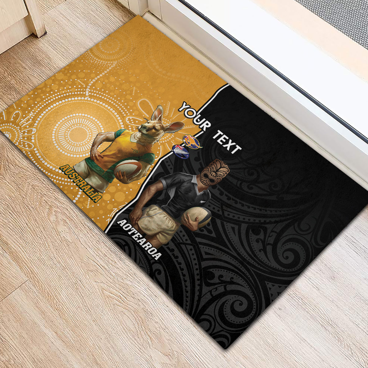 Personalised New Zealand And Australia Rugby Rubber Doormat 2024 All Black Wallabies Mascots Together LT14 - Polynesian Pride