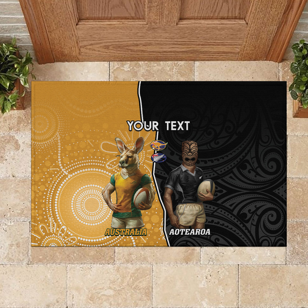 Personalised New Zealand And Australia Rugby Rubber Doormat 2024 All Black Wallabies Mascots Together LT14 - Polynesian Pride