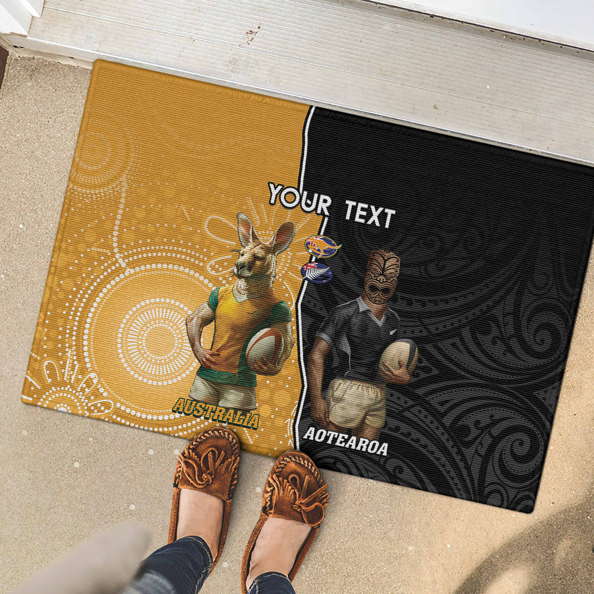 Personalised New Zealand And Australia Rugby Rubber Doormat 2024 All Black Wallabies Mascots Together LT14 - Polynesian Pride