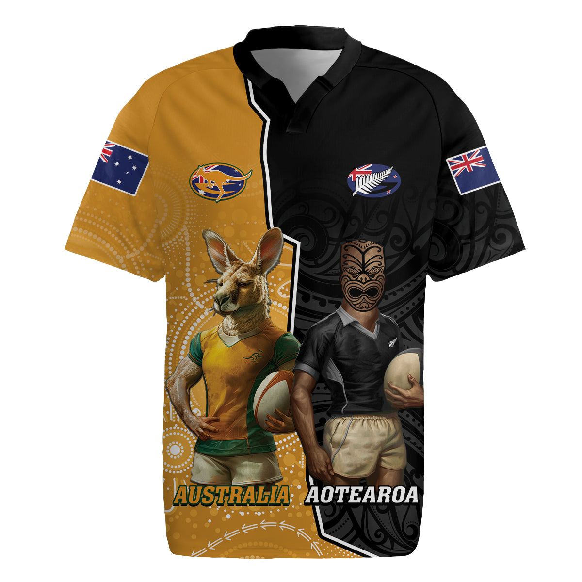 Personalised New Zealand And Australia Rugby Rugby Jersey 2024 All Black Wallabies Mascots Together LT14 Black - Polynesian Pride