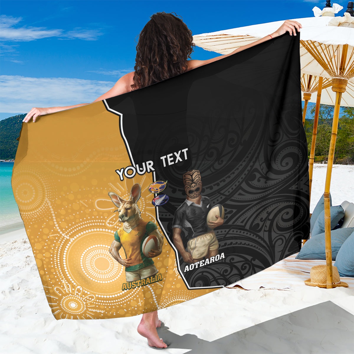Personalised New Zealand And Australia Rugby Sarong 2024 All Black Wallabies Mascots Together LT14 One Size 44 x 66 inches Black - Polynesian Pride