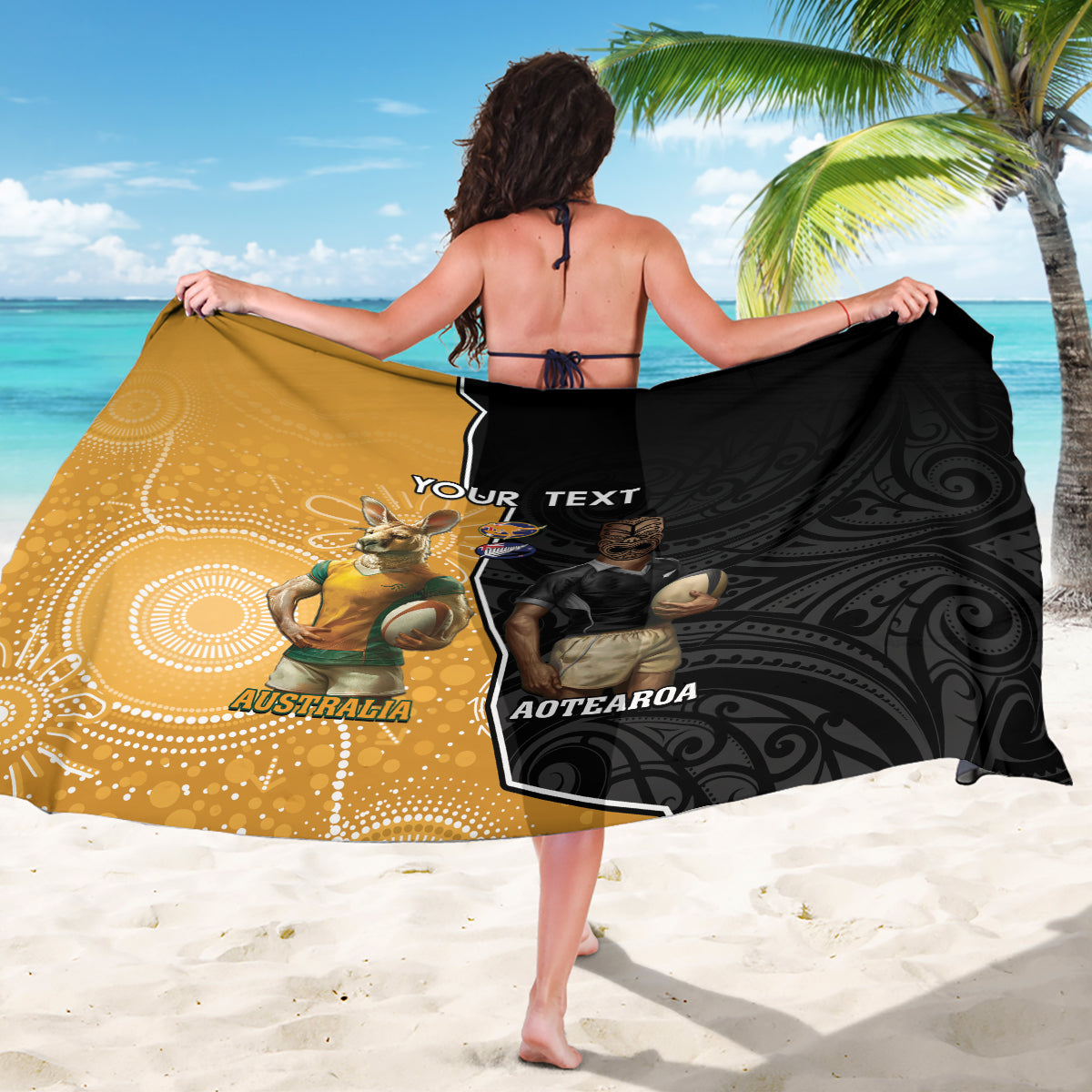 Personalised New Zealand And Australia Rugby Sarong 2024 All Black Wallabies Mascots Together LT14 - Polynesian Pride