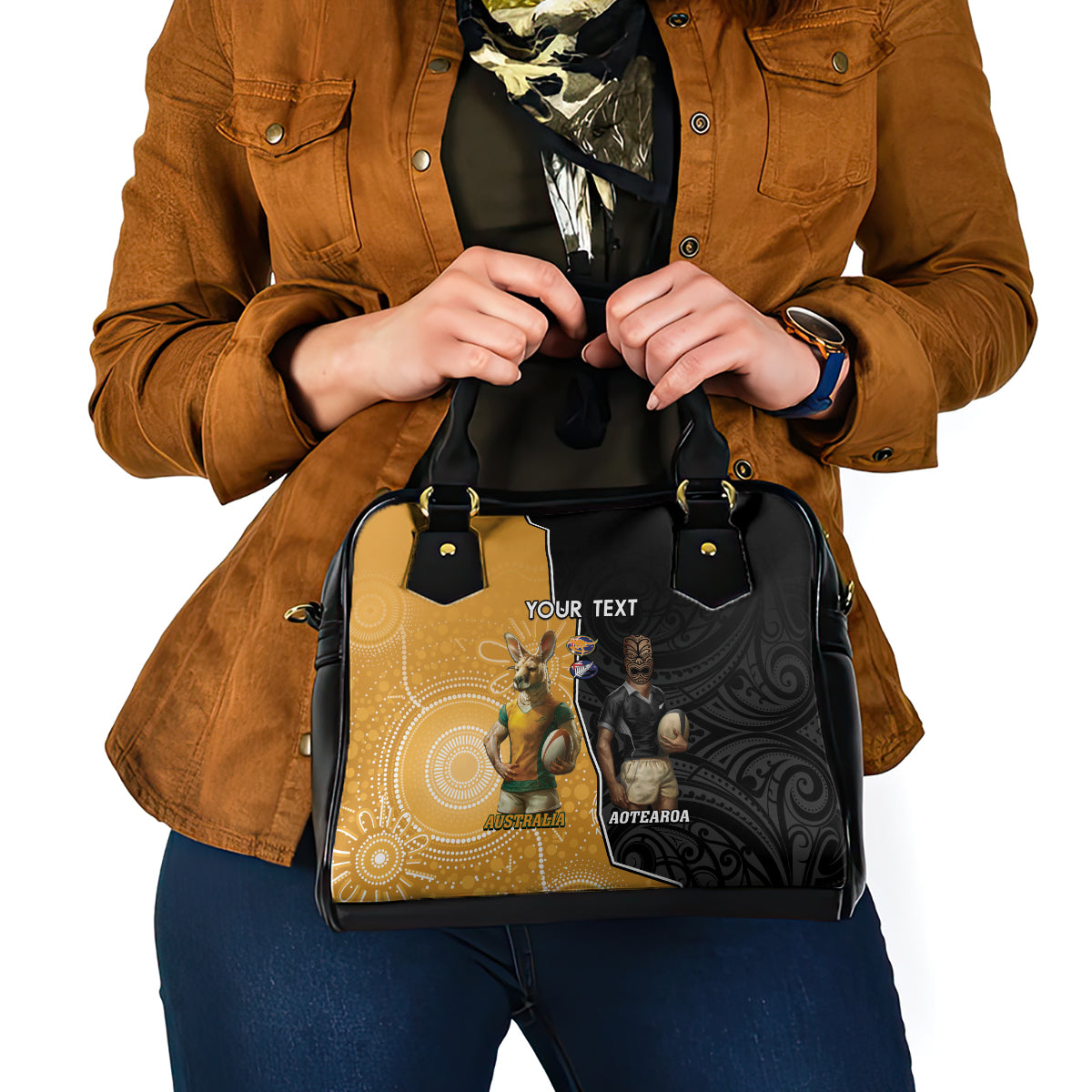 Personalised New Zealand And Australia Rugby Shoulder Handbag 2024 All Black Wallabies Mascots Together LT14 - Polynesian Pride