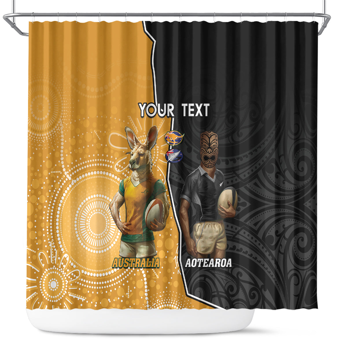 Personalised New Zealand And Australia Rugby Shower Curtain 2024 All Black Wallabies Mascots Together LT14 Black - Polynesian Pride