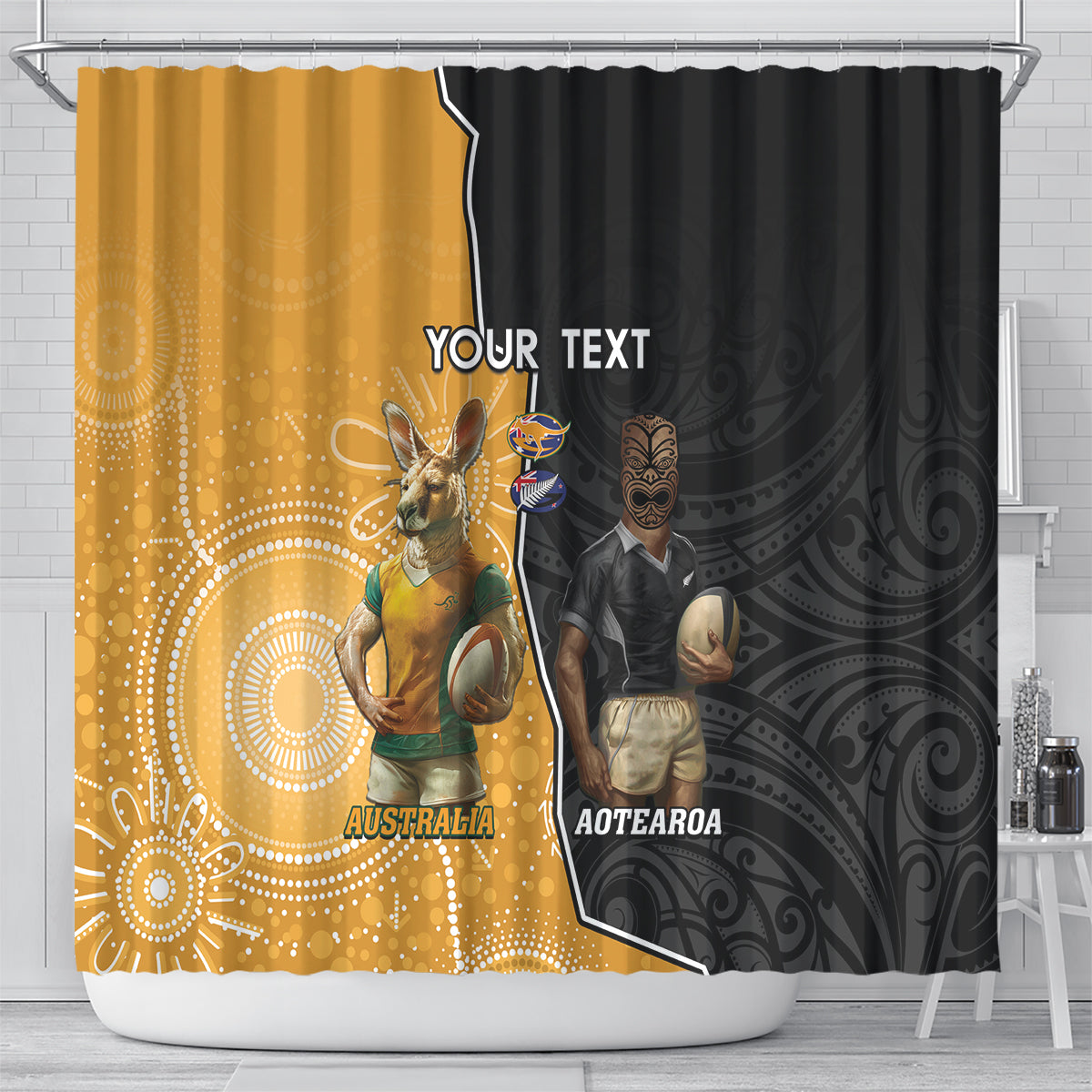 Personalised New Zealand And Australia Rugby Shower Curtain 2024 All Black Wallabies Mascots Together LT14 - Polynesian Pride