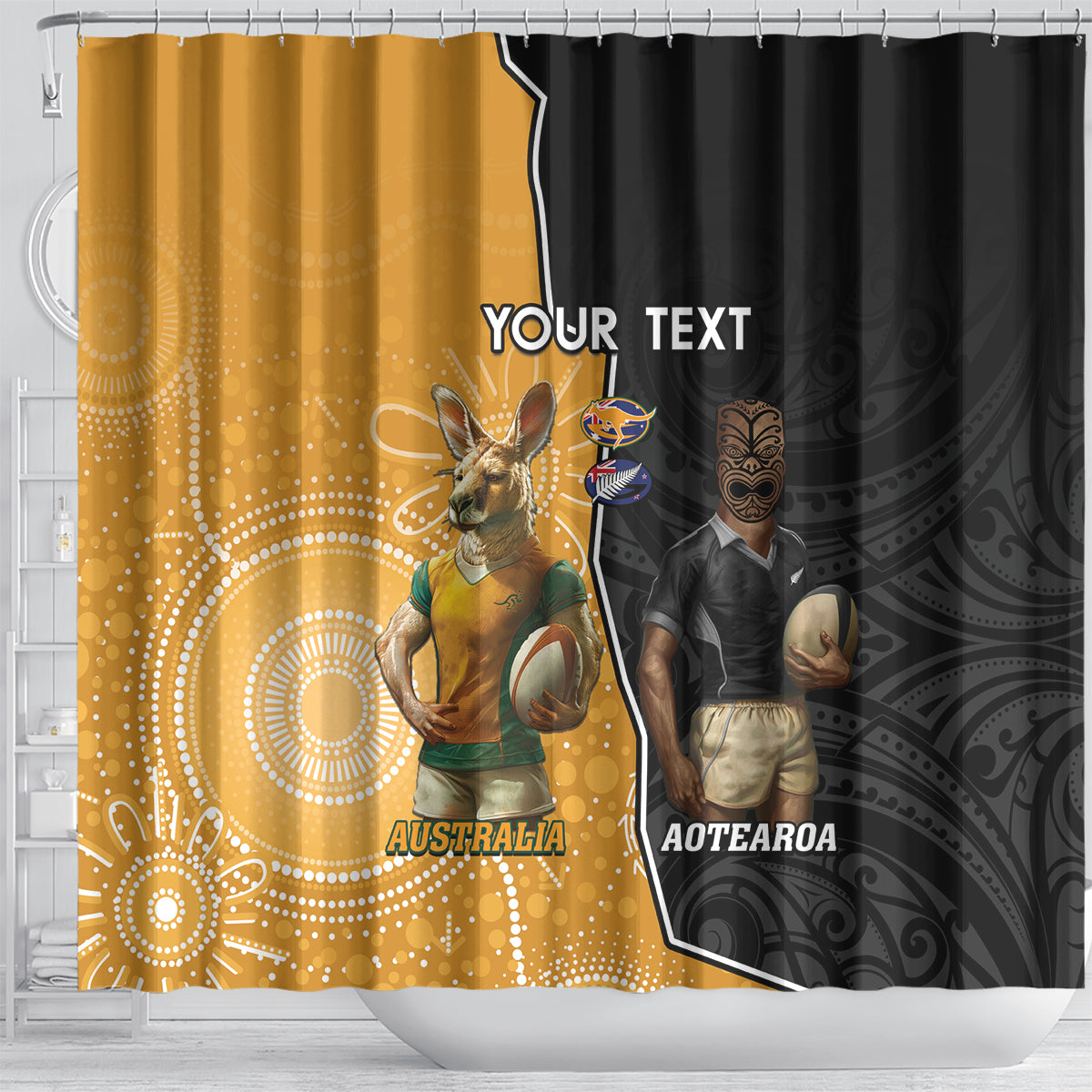 Personalised New Zealand And Australia Rugby Shower Curtain 2024 All Black Wallabies Mascots Together LT14 - Polynesian Pride