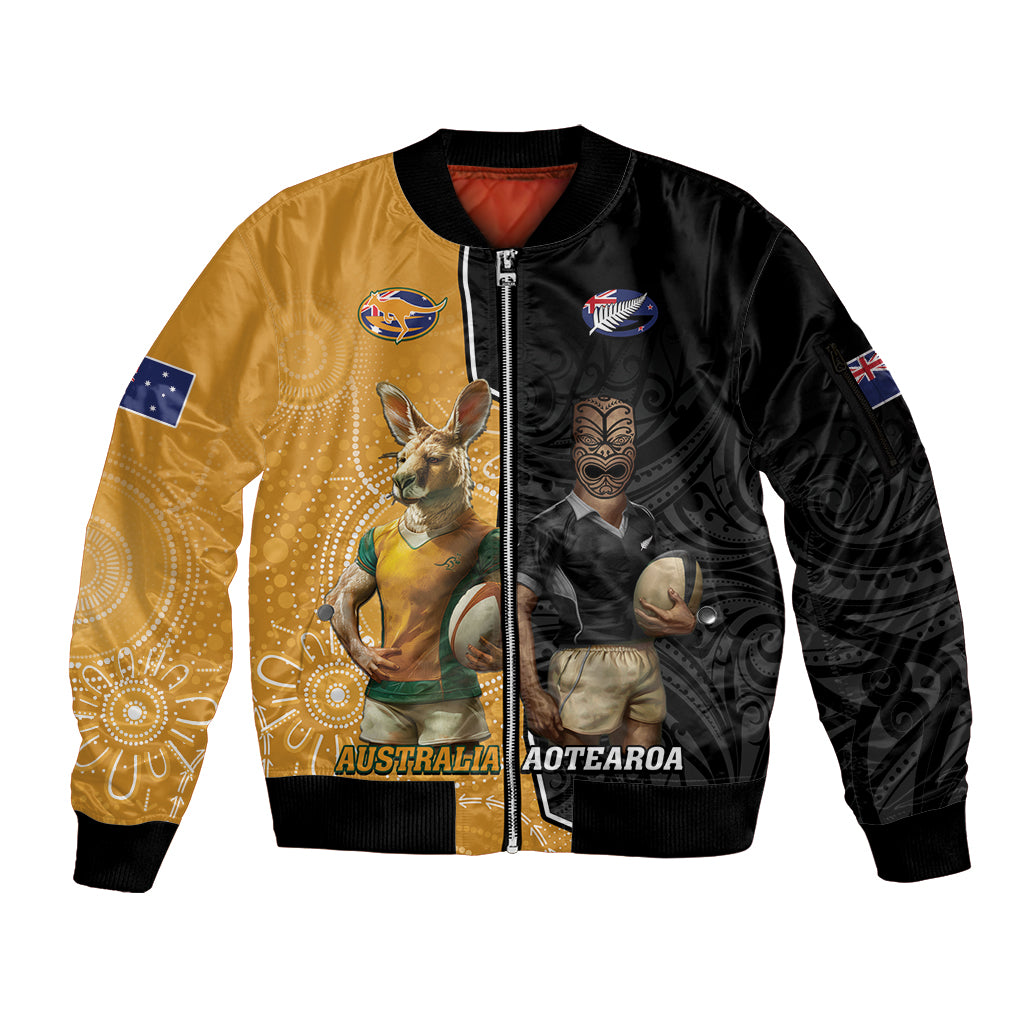 Personalised New Zealand And Australia Rugby Sleeve Zip Bomber Jacket 2024 All Black Wallabies Mascots Together LT14 Unisex Black - Polynesian Pride
