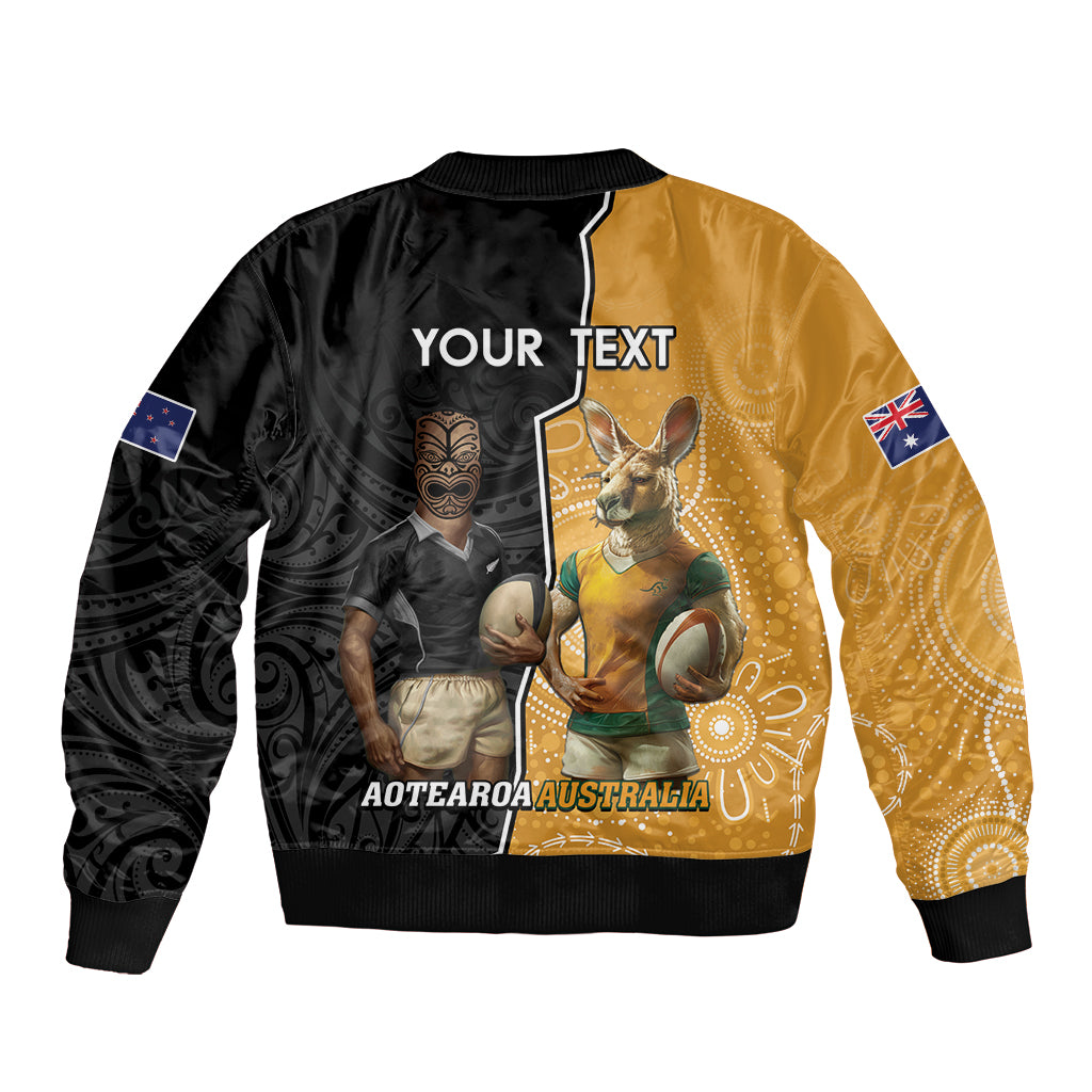 Personalised New Zealand And Australia Rugby Sleeve Zip Bomber Jacket 2024 All Black Wallabies Mascots Together LT14 - Polynesian Pride