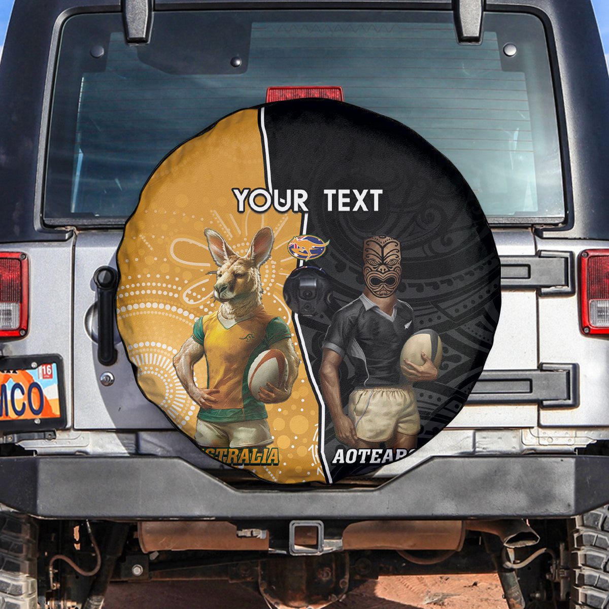 Personalised New Zealand And Australia Rugby Spare Tire Cover 2024 All Black Wallabies Mascots Together LT14 Black - Polynesian Pride