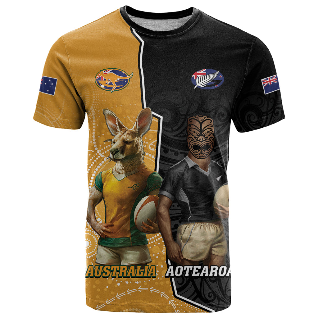 Personalised New Zealand And Australia Rugby T Shirt 2024 All Black Wallabies Mascots Together LT14 Black - Polynesian Pride