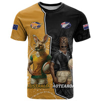 Personalised New Zealand And Australia Rugby T Shirt 2024 All Black Wallabies Mascots Together LT14 Black - Polynesian Pride