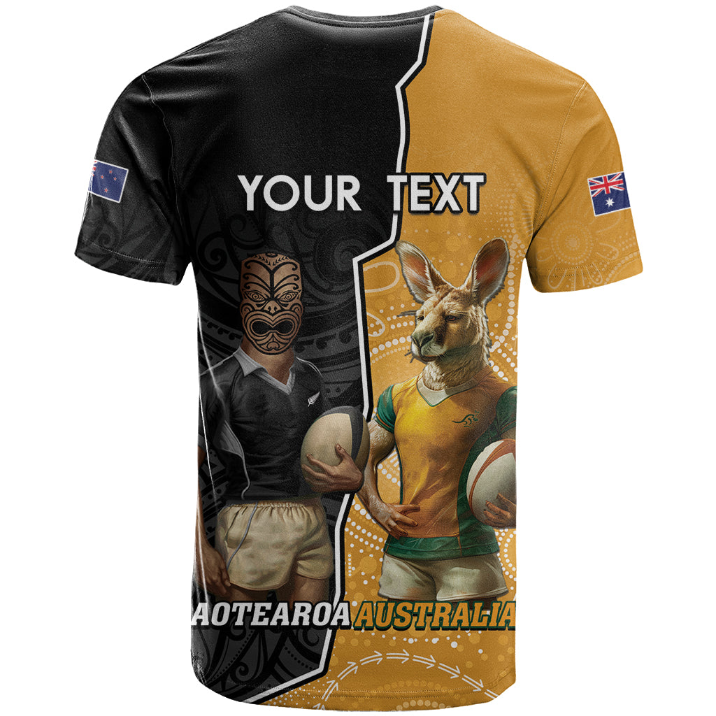 Personalised New Zealand And Australia Rugby T Shirt 2024 All Black Wallabies Mascots Together LT14 - Polynesian Pride