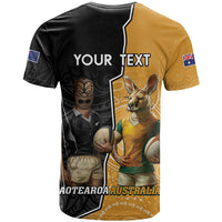 Personalised New Zealand And Australia Rugby T Shirt 2024 All Black Wallabies Mascots Together LT14 - Polynesian Pride