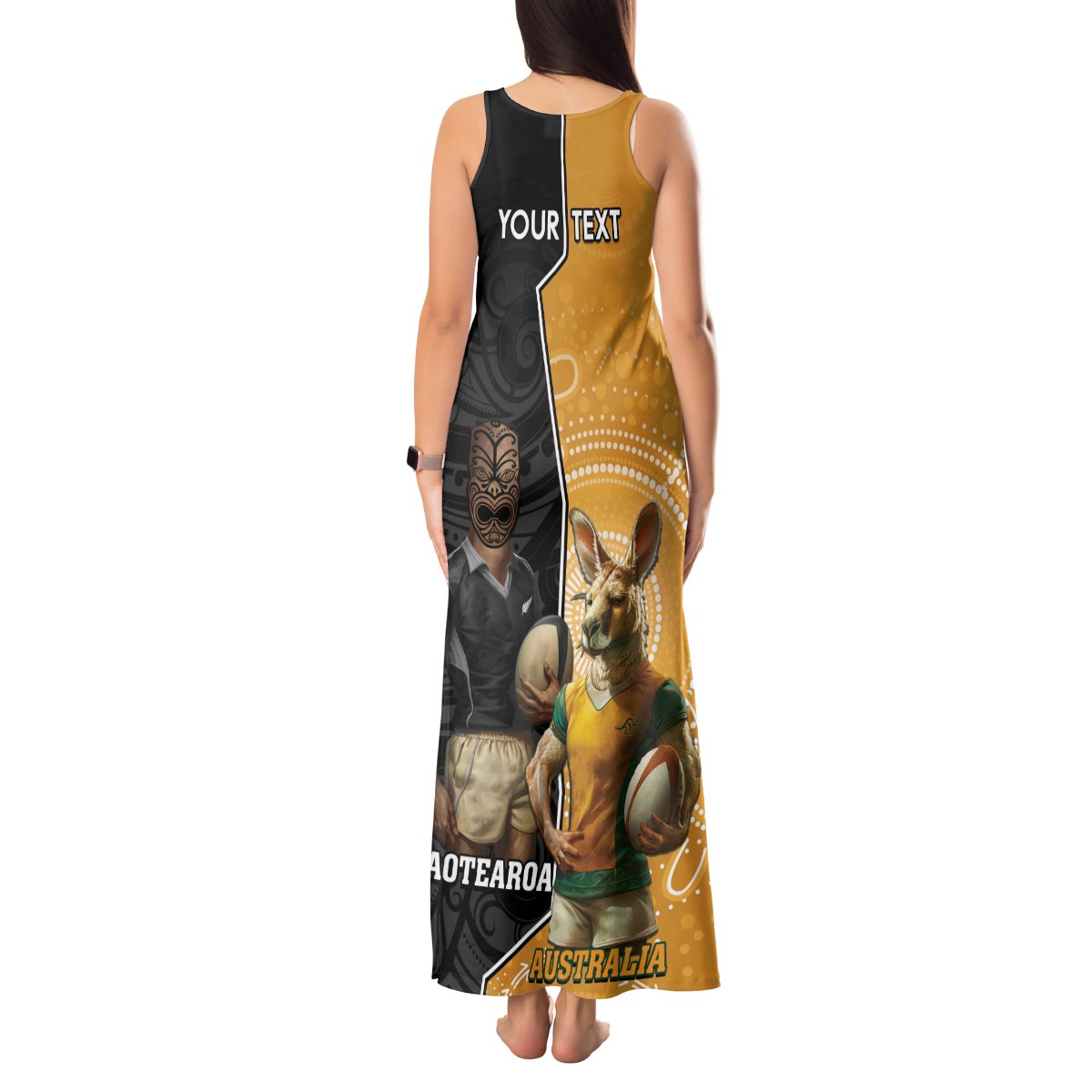 Personalised New Zealand And Australia Rugby Tank Maxi Dress 2024 All Black Wallabies Mascots Together LT14 - Polynesian Pride