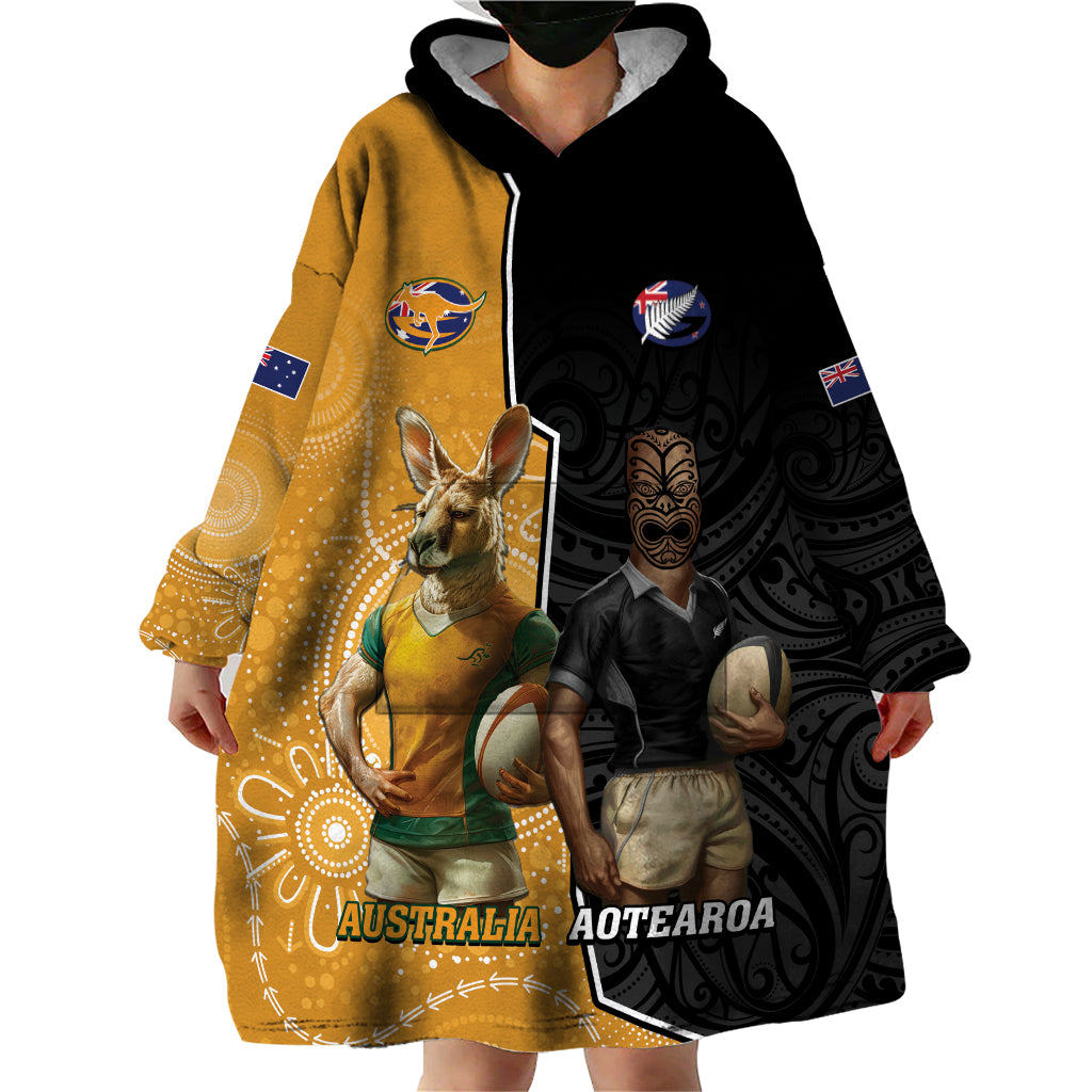 Personalised New Zealand And Australia Rugby Wearable Blanket Hoodie 2024 All Black Wallabies Mascots Together LT14 - Polynesian Pride
