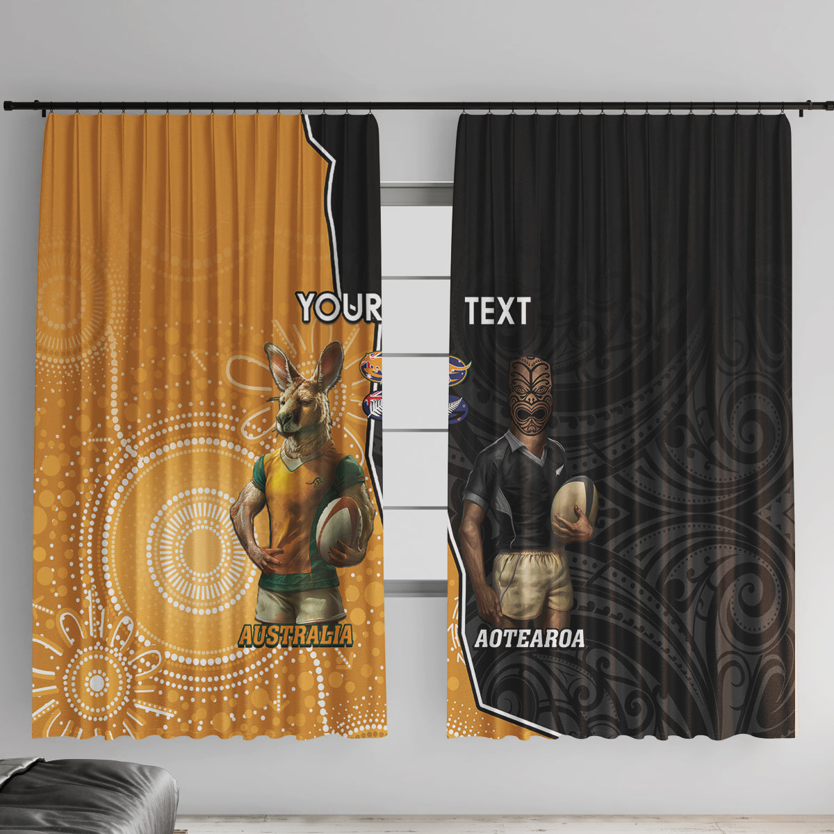 Personalised New Zealand And Australia Rugby Window Curtain 2024 All Black Wallabies Mascots Together LT14 With Hooks Black - Polynesian Pride