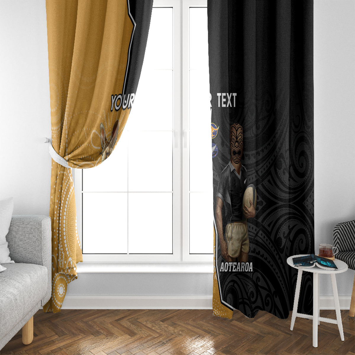 Personalised New Zealand And Australia Rugby Window Curtain 2024 All Black Wallabies Mascots Together LT14 - Polynesian Pride