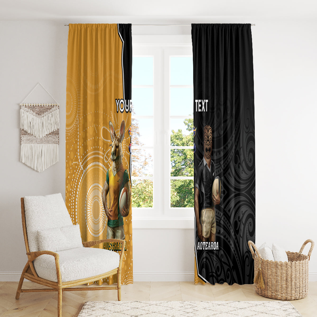 Personalised New Zealand And Australia Rugby Window Curtain 2024 All Black Wallabies Mascots Together LT14 - Polynesian Pride