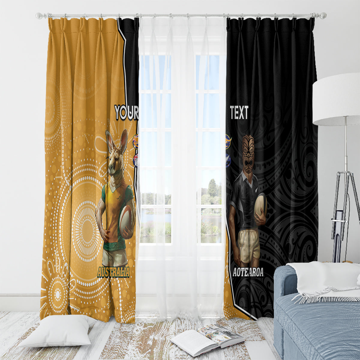 Personalised New Zealand And Australia Rugby Window Curtain 2024 All Black Wallabies Mascots Together LT14 - Polynesian Pride
