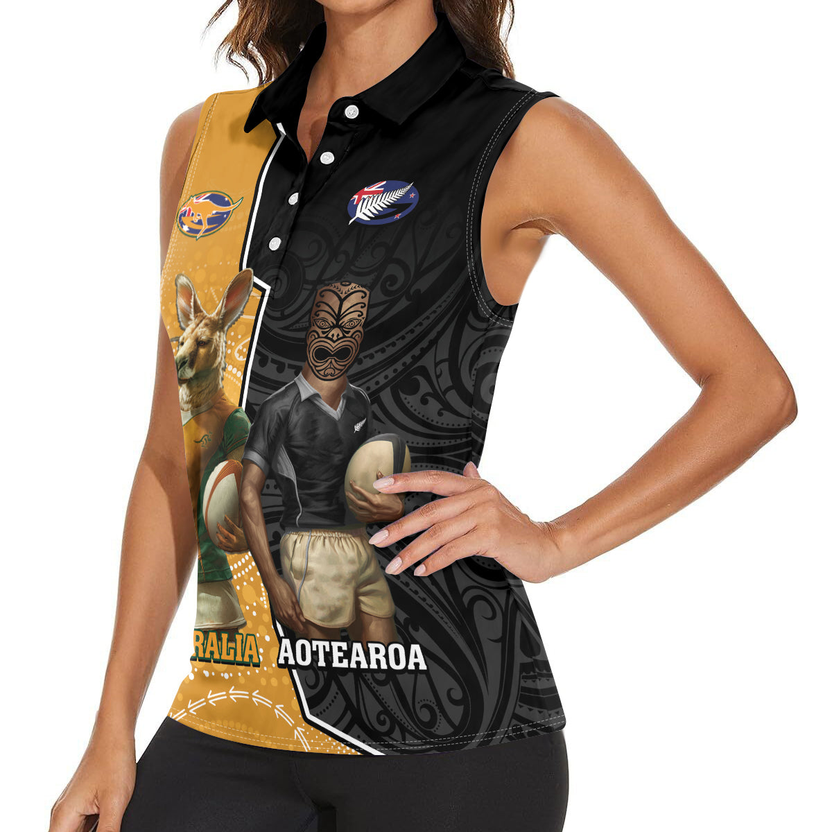 Personalised New Zealand And Australia Rugby Women Sleeveless Polo Shirt 2024 All Black Wallabies Mascots Together LT14 - Polynesian Pride