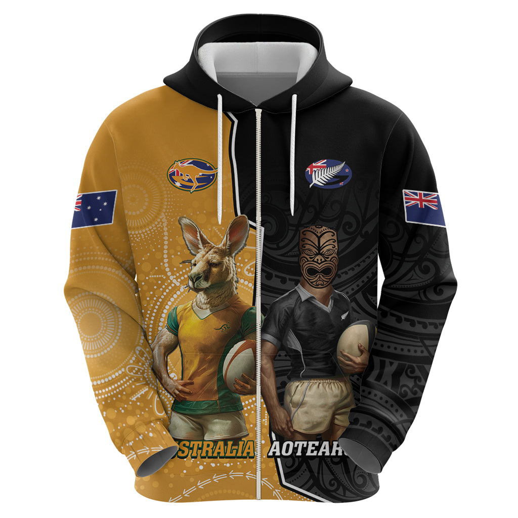 Personalised New Zealand And Australia Rugby Zip Hoodie 2024 All Black Wallabies Mascots Together LT14 - Polynesian Pride