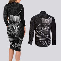 Personalised All Black New Zealand Darts Couples Matching Long Sleeve Bodycon Dress and Long Sleeve Button Shirt Aoteroa Fern Maori Galaxy Style LT14 - Polynesian Pride