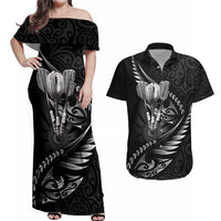 Personalised All Black New Zealand Darts Couples Matching Off Shoulder Maxi Dress and Hawaiian Shirt Aoteroa Fern Maori Galaxy Style LT14 Black - Polynesian Pride